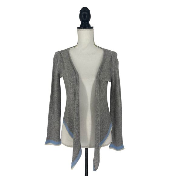 Casmari Gray Open Front Cashmere Blend Sweater with Blue & White Stripe Trim - Picture 2 of 8